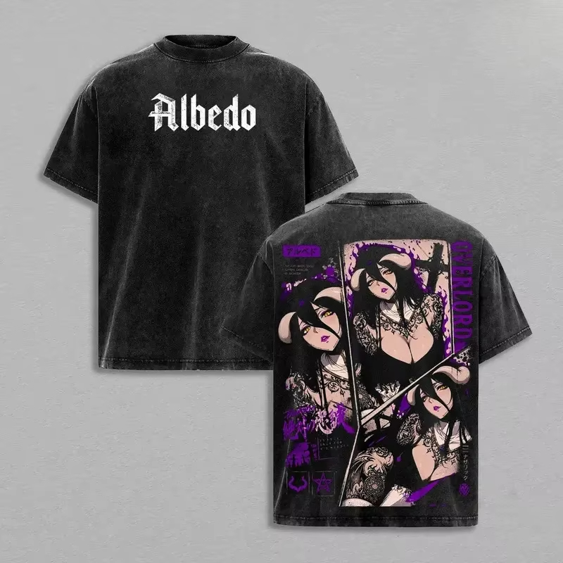 Anime Cosplay Albedo - Kaos Katun Oversized Y2K Vintage Washed
